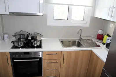 a kitchen with two pots on a stove and a sink at Apartments MARE BLU by the sea. in Porto Rafti
