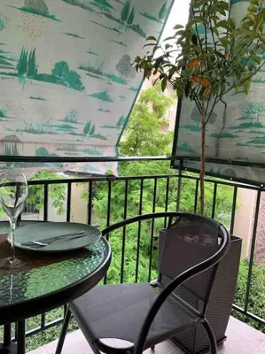 a table and chairs on a balcony with a plant at Athens Alex Apartment in Athens