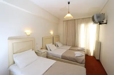 a hotel room with two beds and a television at Athens Delta Hotel in Athens