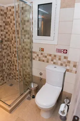 a bathroom with a toilet and a shower at Lianos Apartments Business Class A in Piraeus