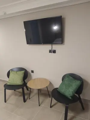 two chairs and a table with a tv on a wall at Elaėa Boutique Apartments in Piraeus
