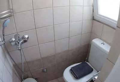 a small bathroom with a shower and a toilet at Acropolis View in Athens