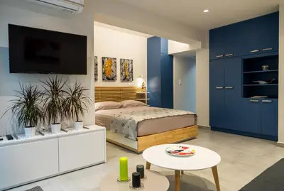 a bedroom with a bed and a tv on a wall at Central Cozy Studio with a Secret Garden in Athens
