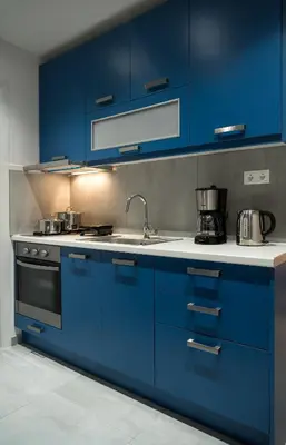 a kitchen with blue cabinets and a sink at Central Cozy Studio with a Secret Garden in Athens