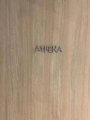 a sign on a wooden door with the word athens on it at Wisdom Residence Luxury Apartments at Plaka in Athens
