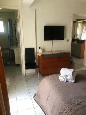a bedroom with a bed and a tv on the wall at Villa Sophia in Porto Rafti