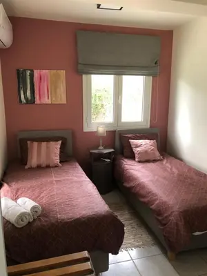 two beds in a bedroom with pink walls at Villa Sophia in Porto Rafti