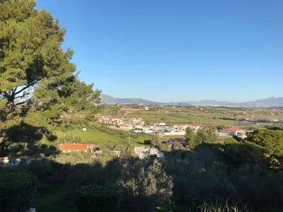 a view of a town from a hill with trees at Villa Sophia in Porto Rafti