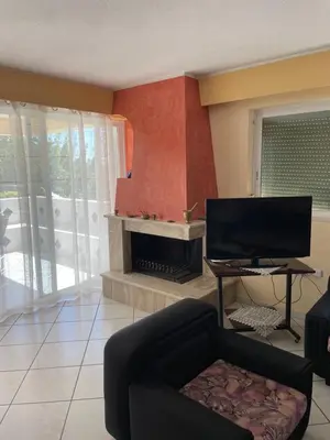 a living room with a couch and a fireplace at Blue Sky on the Sea Appartments in Athens