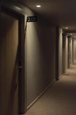an empty hallway with a sign on the wall at Azur Suites in Athens