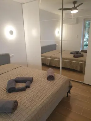 a bedroom with two beds and a mirror at Newly Renovated Varkiza Beachside One Bedroom with Large Terrace in Athens
