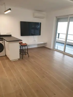 a large room with a kitchen and a table and a tv at Newly Renovated Varkiza Beachside One Bedroom with Large Terrace in Athens