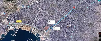a map of a city with a blue line at Afrodite's apartment (close to Athens city center) in Athens