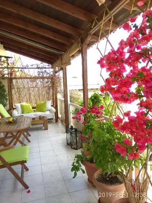 a patio with red flowers and a table and chairs at Romantic and cosy apartment in Athens