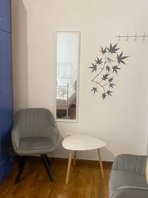 a waiting room with a chair and a mirror at Modern, ideally located studio apartment in Athens