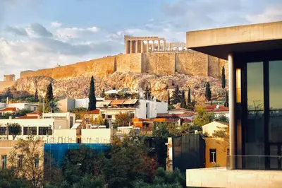 a view of the acropolis from a building at Peripatos apartment in Athens