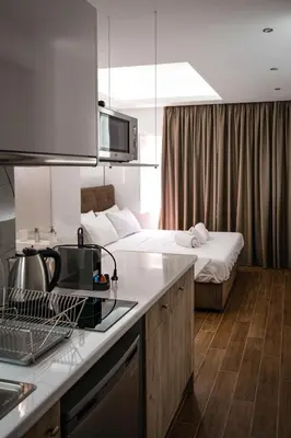 a kitchen and living room with a bed in a room at My Athens Place in Athens