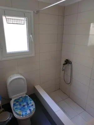 a bathroom with a shower with a toilet and a tub at Near Airport And metropolitan Artemis George Cozy Home in Artemida