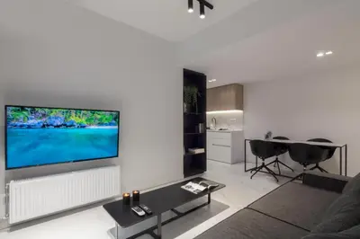 a living room with a large flat screen tv on a wall at Heritage Boutique Apartments in Athens