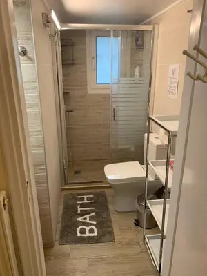 a bathroom with a shower and a toilet and a rug at La Vie En Rose Studio,close to beach, Paleo Faliro in Athens