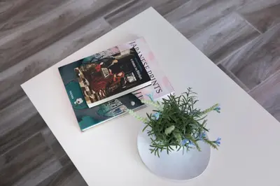 a white table with a plant and a magazine at Brand new apartment in the heart of the city in Athens