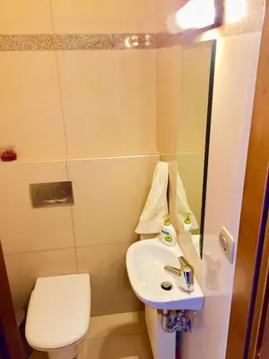 a small bathroom with a toilet and a sink at Modern apartment near Athens&Coast in Keratea