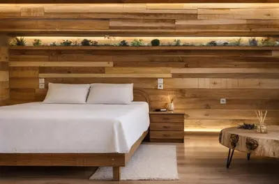 a bedroom with a bed and a wooden wall at Boutique Athensairport Apartments in Markopoulo