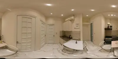 a kitchen with white marble floors and white cabinets at ATHENS City Center Historical Area in Athens