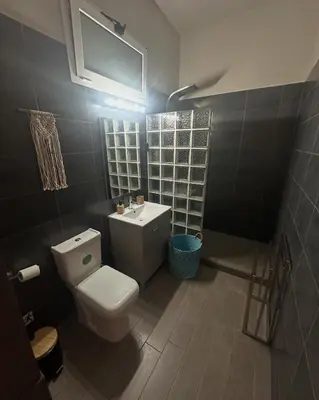 a bathroom with a white toilet and a sink at New seafront studio in Anavissos