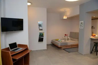 a living room with a couch and a laptop on a table at Olive Tree Deluxe Apt under Acropolis in Athens
