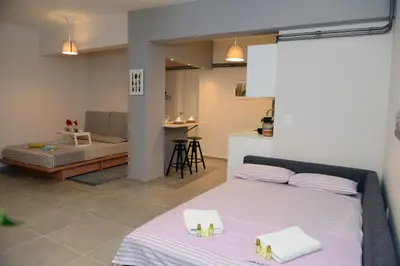 a bedroom with a bed and a living room at Olive Tree Deluxe Apt under Acropolis in Athens