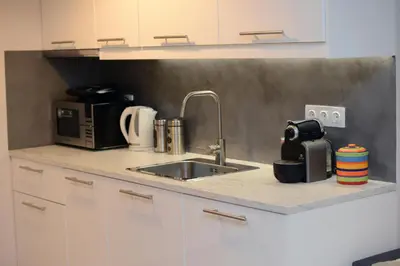 a kitchen counter with a sink and a microwave at Olive Tree Deluxe Apt under Acropolis in Athens