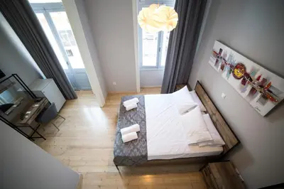 an overhead view of a bedroom with a bed at One Three One - In the Heart of Athens in Athens