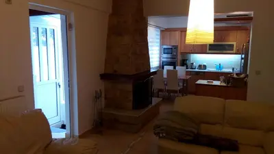 a living room with a couch and a fireplace at Luxury Apartment in Ano Glyfada in Athens