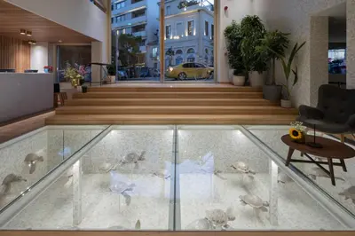 a glass case in a lobby with birds on it at Coco-mat Athens BC in Athens