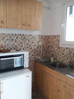 a kitchen with a microwave and a sink at Fully renovated small & cosy studio in Athens