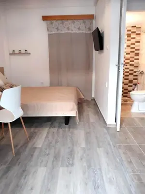 a bedroom with a bed and a toilet and a television at Fully renovated small & cosy studio in Athens
