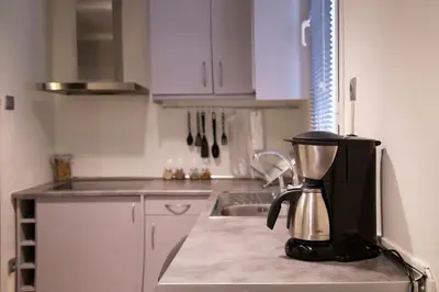 a kitchen with purple cabinets and a coffee maker on a counter at Athens Best location, 6 Ermou street, Syntagma square in Athens