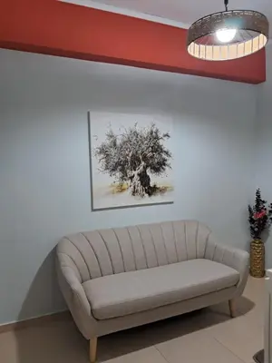 a couch in a living room with a painting on the wall at Paradise apartment in Koukaki in Athens