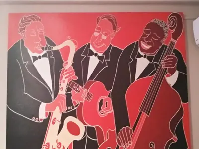 a painting of three men playing instruments at The Athens Museum Penthouse 120sqm Lycabettus View in Athens
