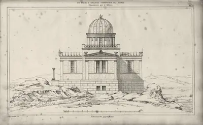a drawing of a building on top of a mountain at Socrates path in Athens