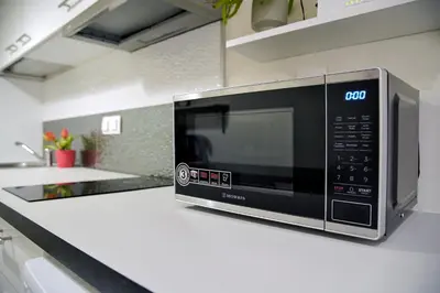 a microwave oven sitting on a counter in a kitchen at Attiki Sunshine Apartment With Terrace VIPGreece in Athens