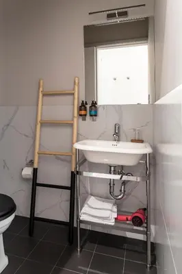 a bathroom with a sink and a ladder next to a toilet at Bespoke House Athens in Athens