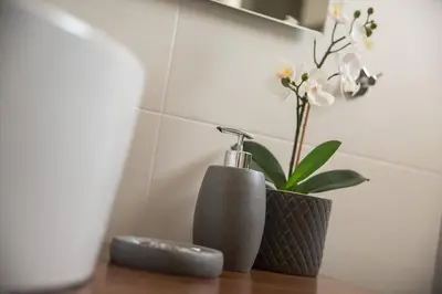 a bathroom counter with a vase with a plant on it at ivannas penthouse in Athens