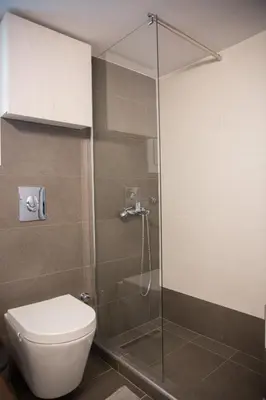 a bathroom with a toilet and a glass shower at ivannas penthouse in Athens