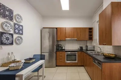 a kitchen with wooden cabinets and a stainless steel refrigerator at 2 bedroom flat next to Acropolis in Athens