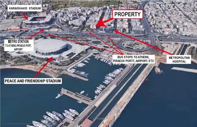 a map of a marina with red arrows at METROPOLITAN MACVIEW Διαμέρισμα in Piraeus