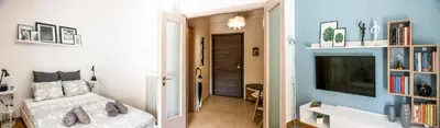 a bedroom with a bed and a hallway with a tv at AthensHub - Across Metro Station in Athens