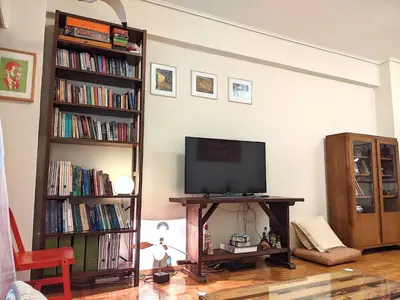 a living room with a tv and a book shelf at Acropolis in Athens