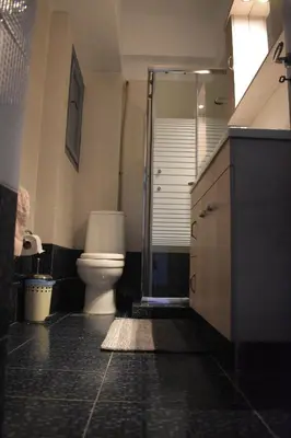 a bathroom with a toilet and a walk in shower at Katzen Room by the Metro in Athens